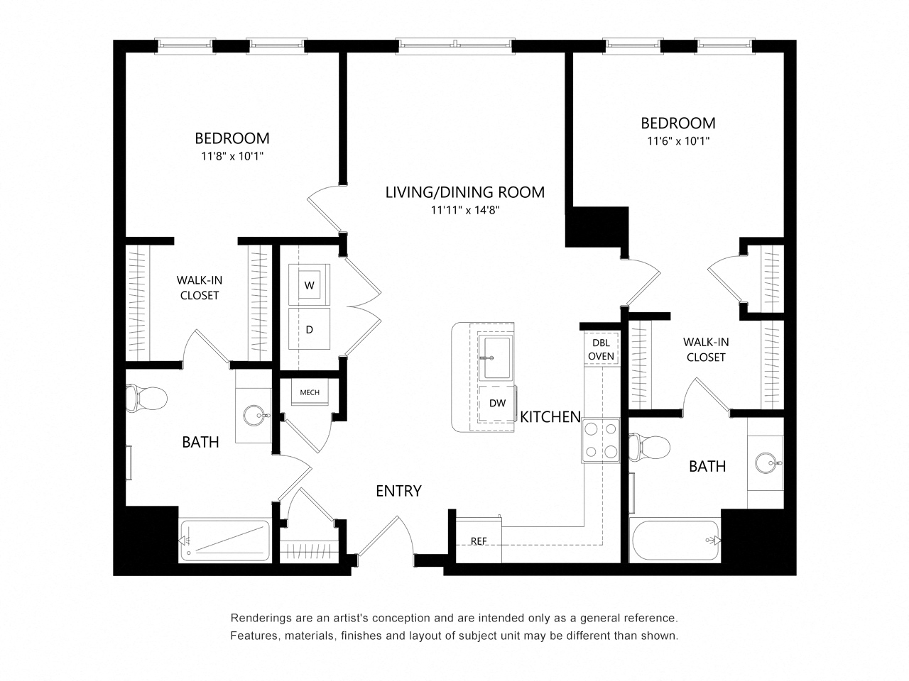 Floor plan for 2 beds, 2 baths, 1060 sqft